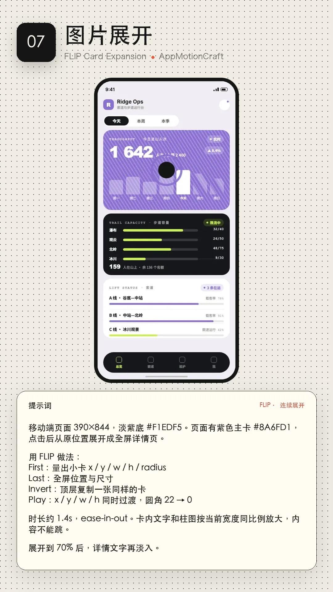 图片展开：紫色主卡用 FLIP 展开成全屏详情页