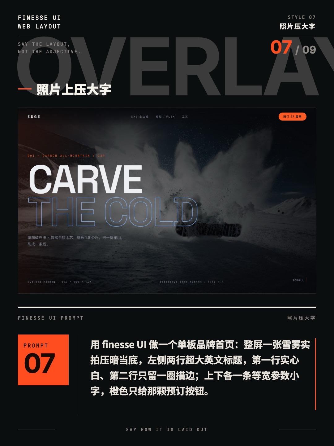 “照片上压大字”单板品牌页，附 finesse UI 提示词