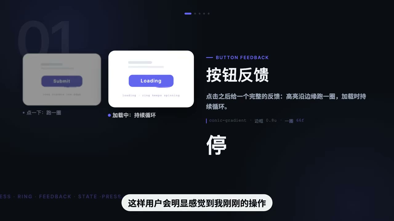 按钮反馈演示（BUTTON FEEDBACK），高亮沿边缘跑一圈、加载持续循环