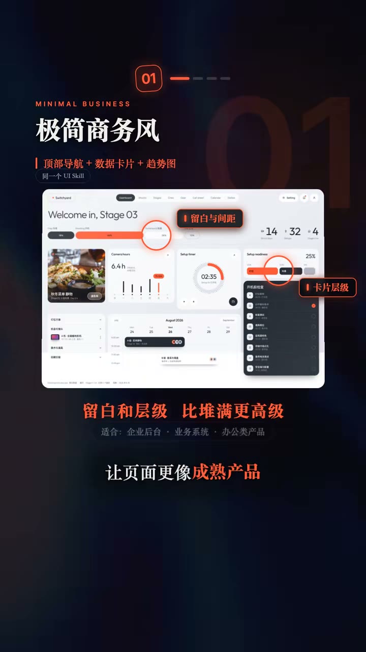 极简商务风 Dashboard（顶部导航 + 数据卡片 + 趋势图表）