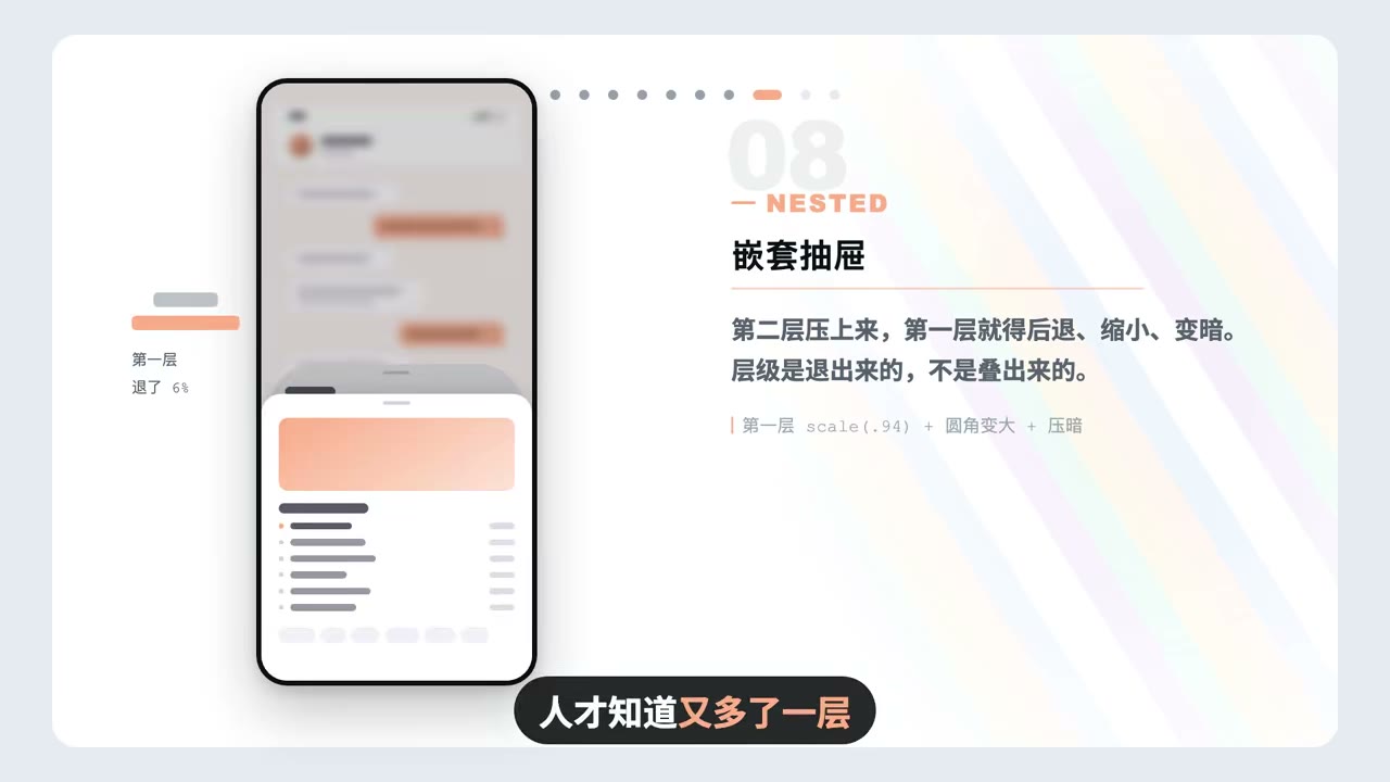 嵌套抽屉：第二层压上时第一层后退缩小变暗